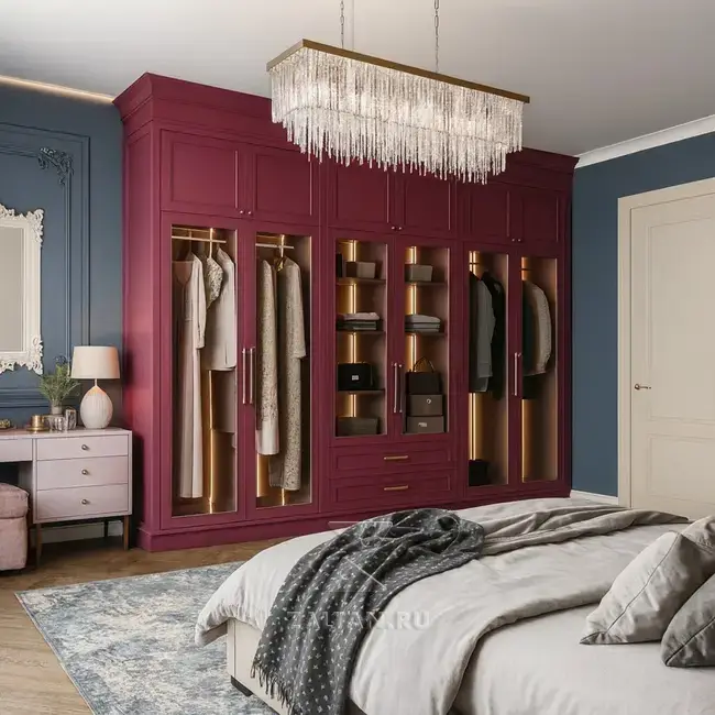 Встроенная бордовая гардеробная