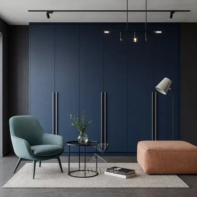 Синий встроенный шкаф минимализм