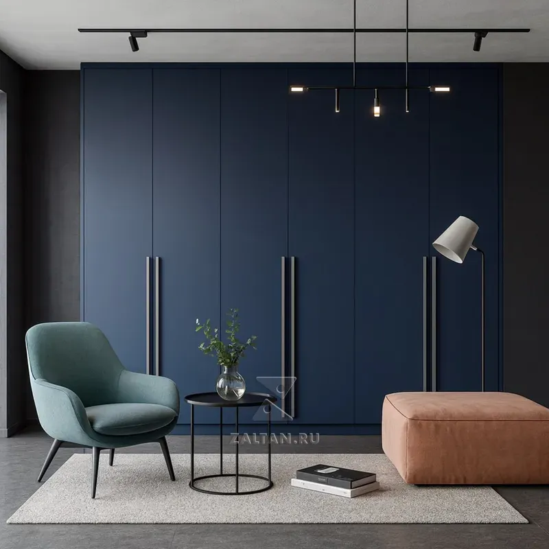 Синий встроенный шкаф минимализм
