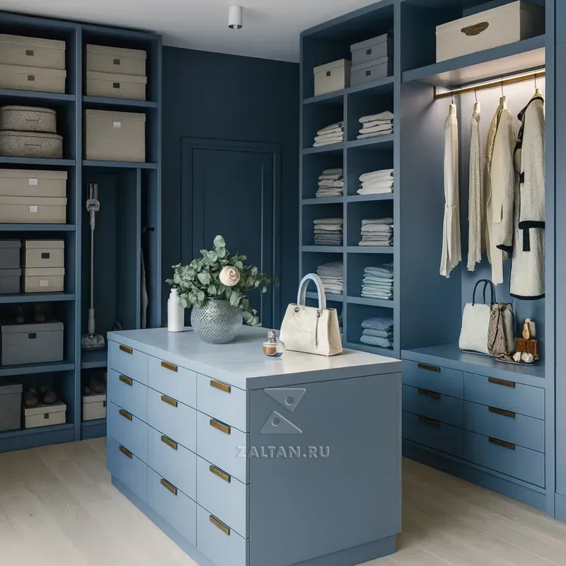 Голубая гардеробная с островом