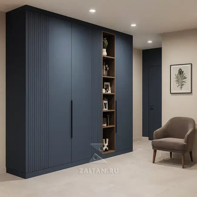 Встроенный синий шкаф с полками