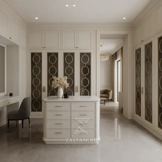 Гардеробная с островом кремовая