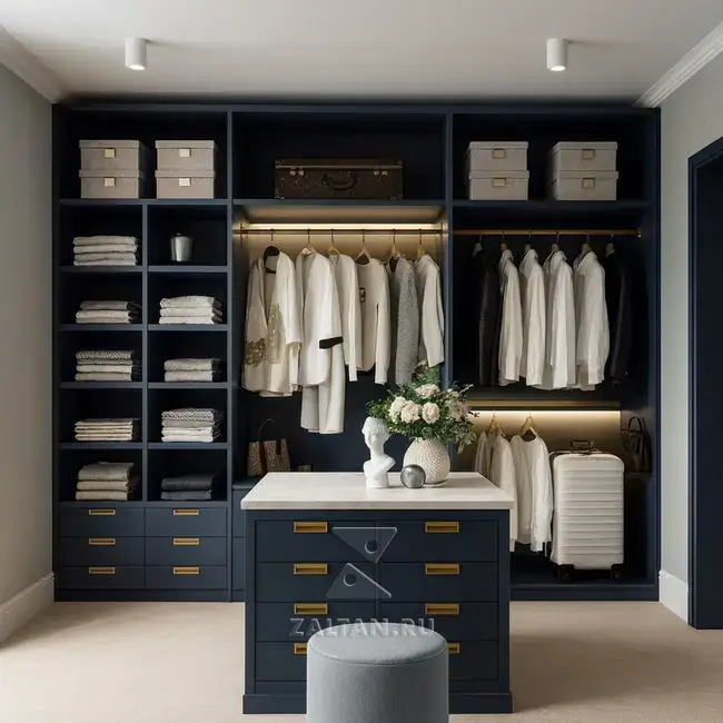 Глубокая гардеробная с островом