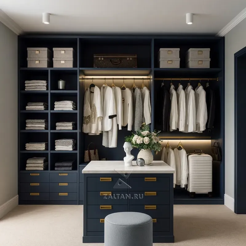 Глубокая гардеробная с островом