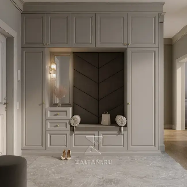 Прихожая с банкеткой серый неоклассик