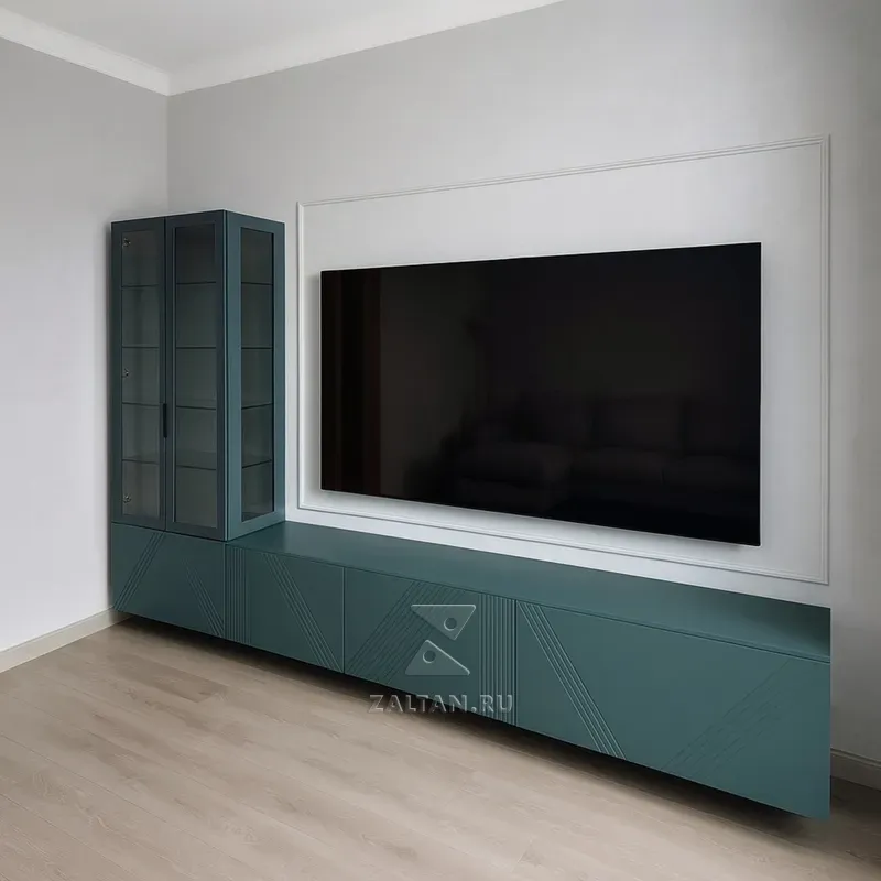 ТВ стенка с витриной зелёная