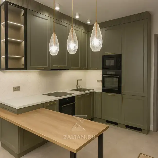 Кухня оливковая с барной стойкой