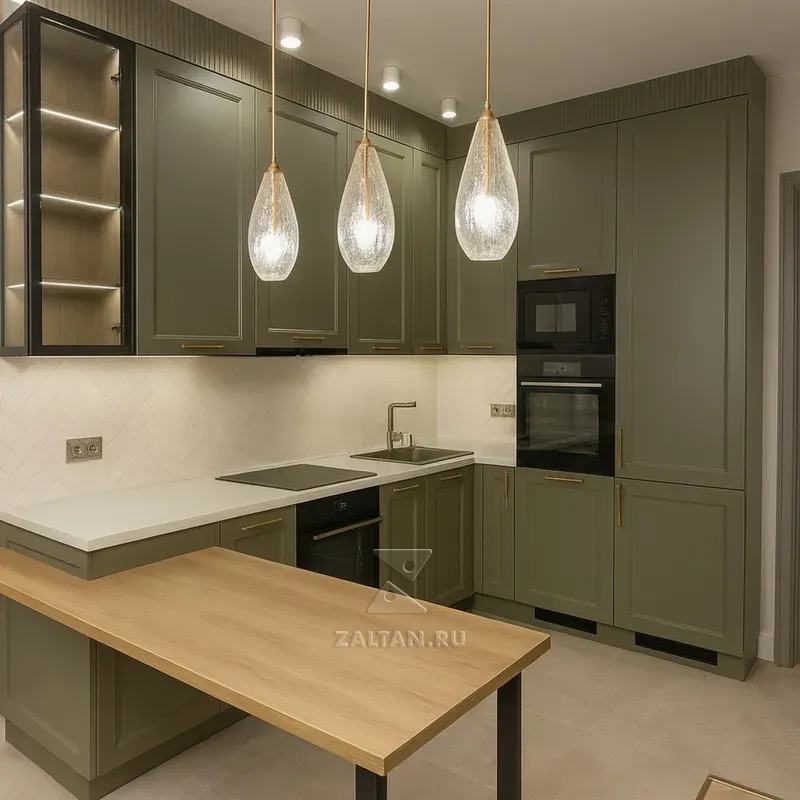 Кухня оливковая с барной стойкой