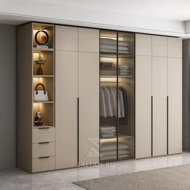 Шкаф гардероб с витриной бежевый