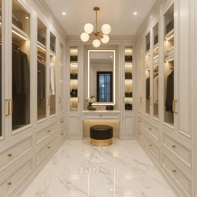 Неоклассическая гардеробная с витринами