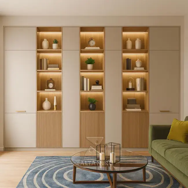 Встроенная стеллажная стенка дуб бежевая