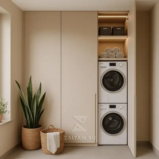 Встроенный шкаф для прачечной бежевый