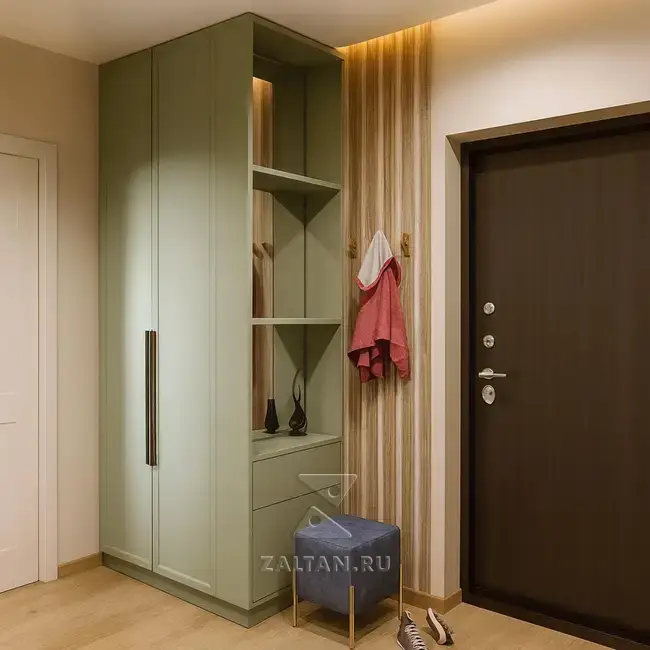 Прихожая зелёный шкаф полки