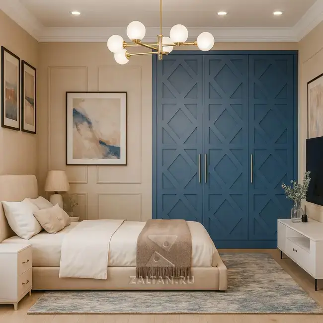 Синий встроенный шкаф в спальню