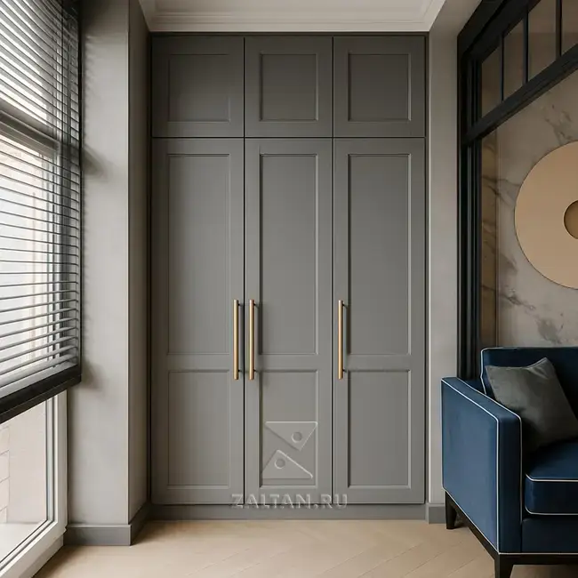 Встроенный распашной шкаф серый с ручками