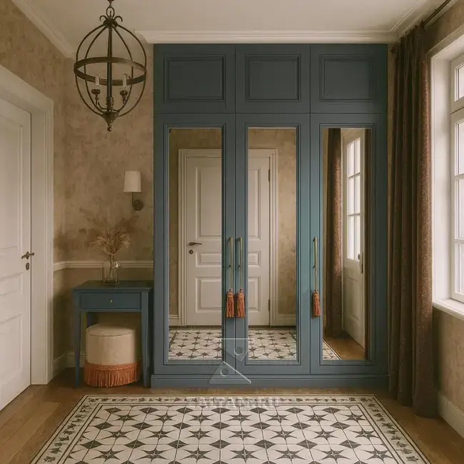 Голубой встроенный зеркальный шкаф