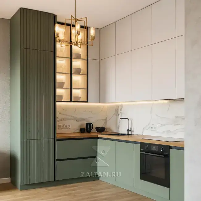 Кухня зелёная витрина мрамор