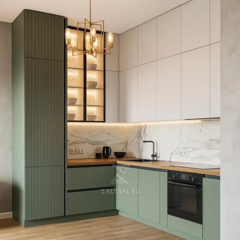 Кухня зелёная витрина мрамор