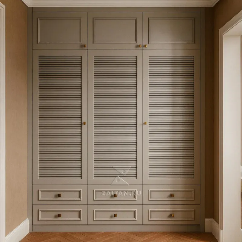 Встроенный шкаф с реечными дверями бежевый