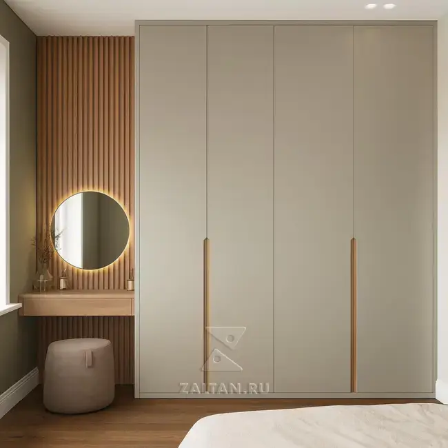 Встроенный шкаф кремовый с ручками