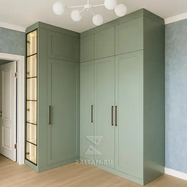 Угловой встроенный шкаф зелёный