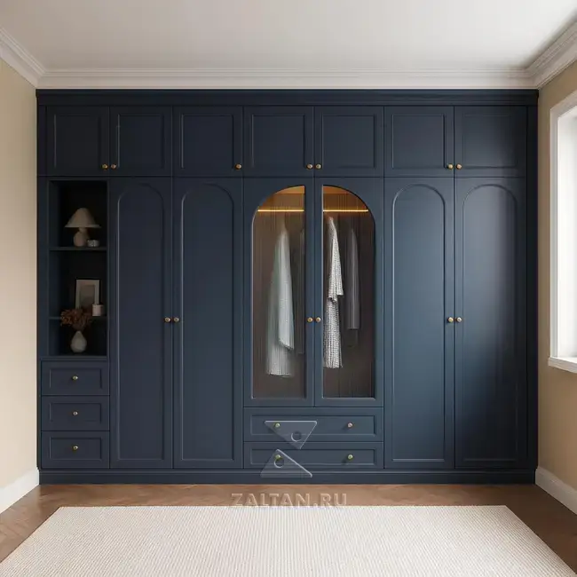 Синий встроенный шкаф с аркой