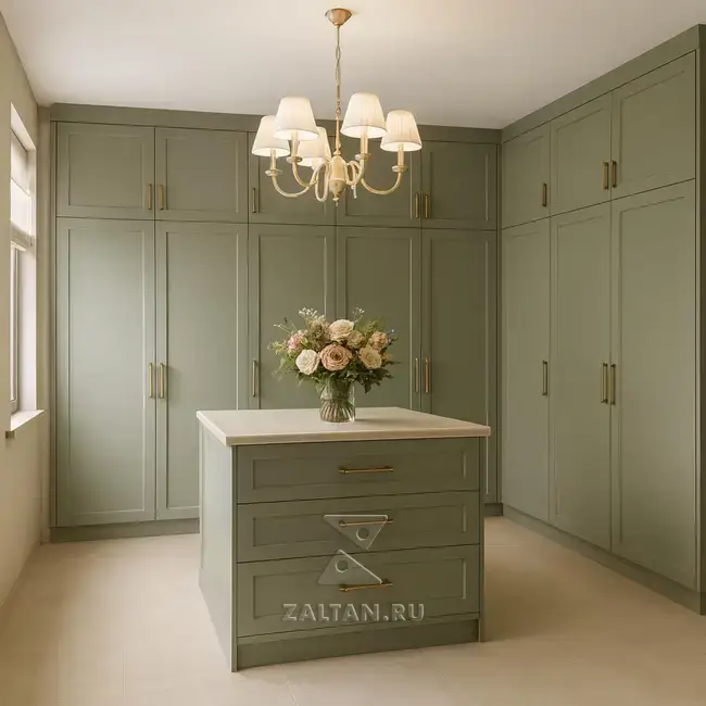 Гардеробная с островом зелёная