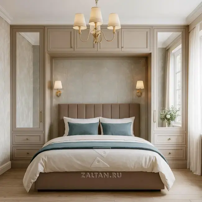 Встроенный шкаф вокруг кровати бежевый