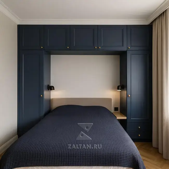 Встроенный шкаф вокруг кровати синий