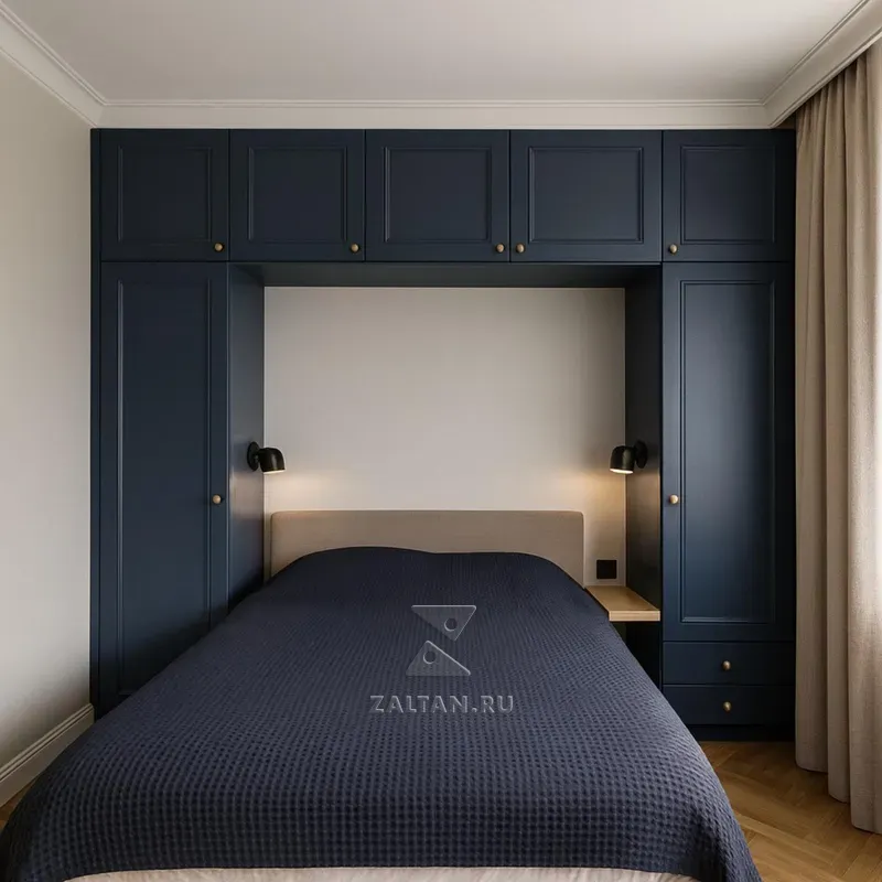 Встроенный шкаф вокруг кровати синий