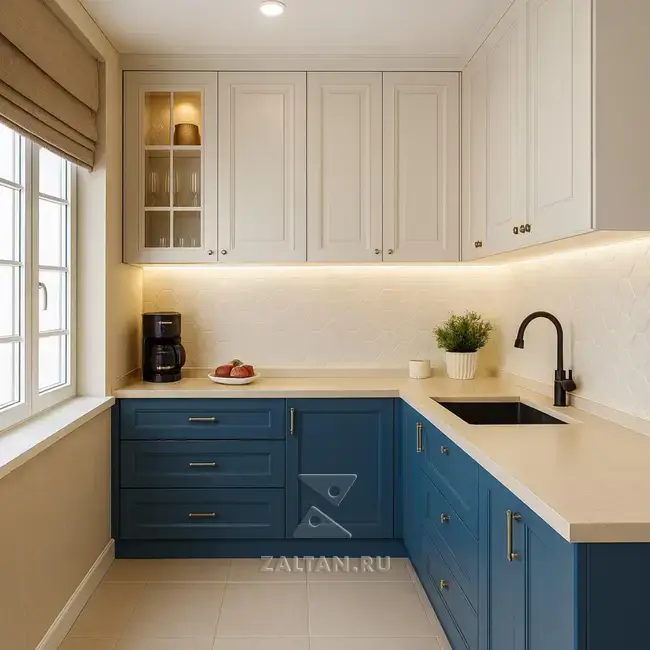 Классическая угловая кухня синий белый