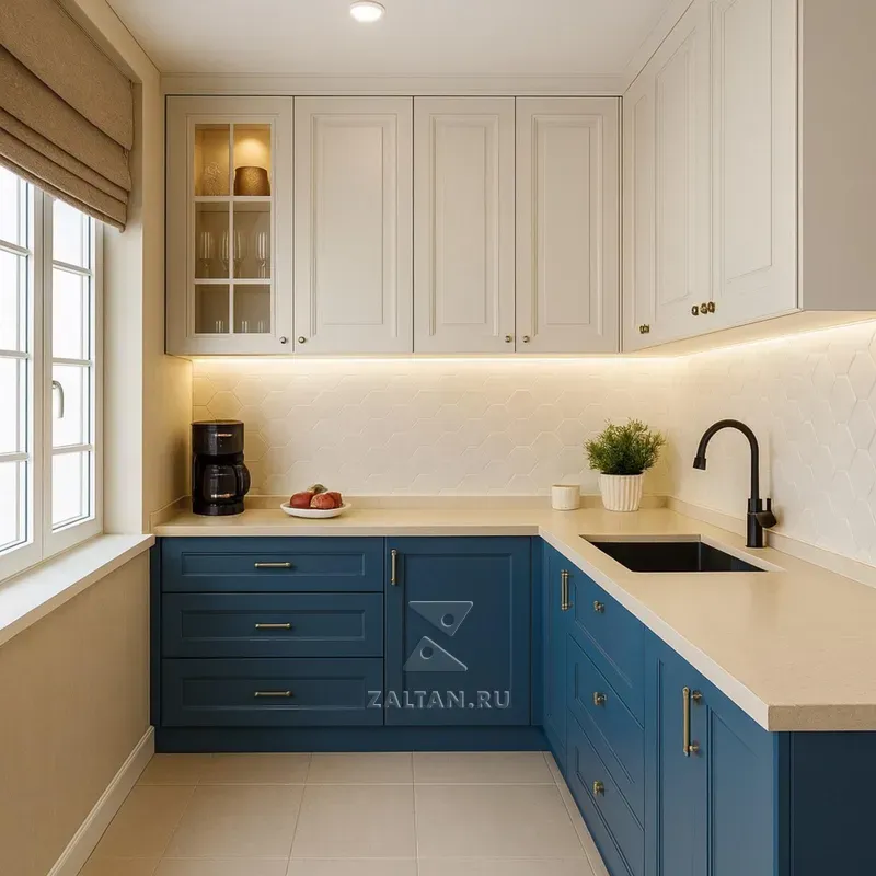 Классическая угловая кухня синий белый
