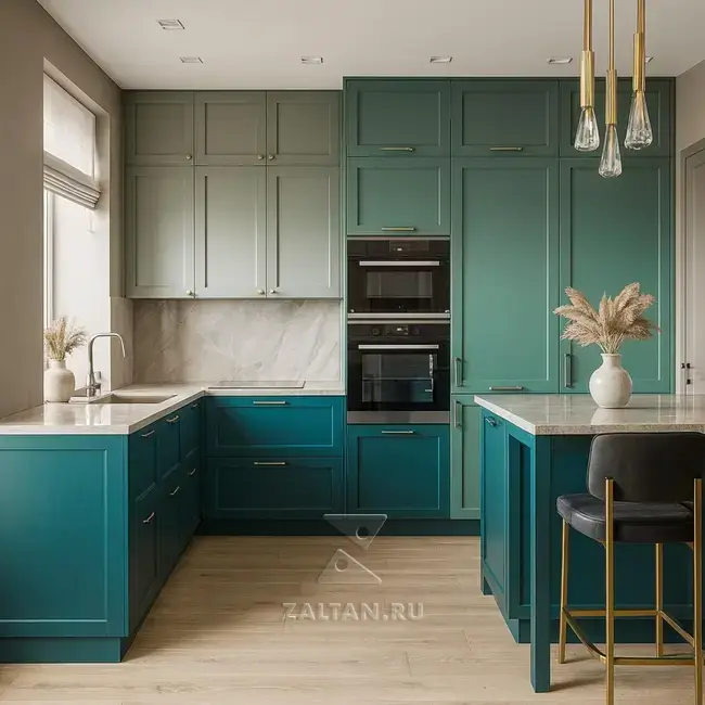 Кухня Бирюзовая С Островом