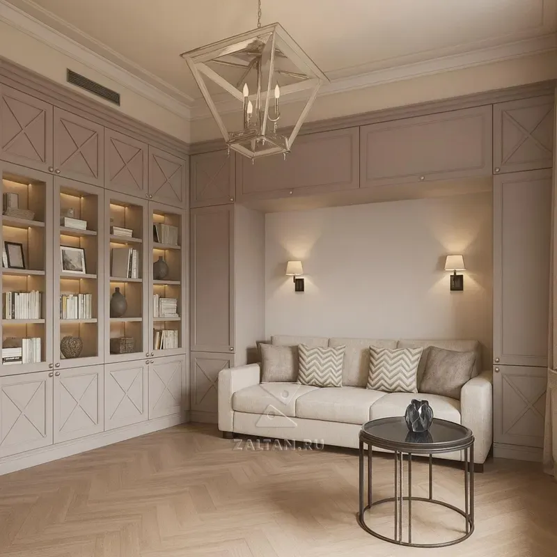 Встроенная библиотека около дивана