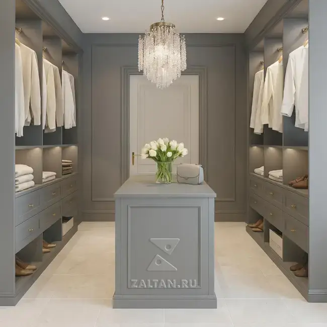 Гардеробная с островом серый