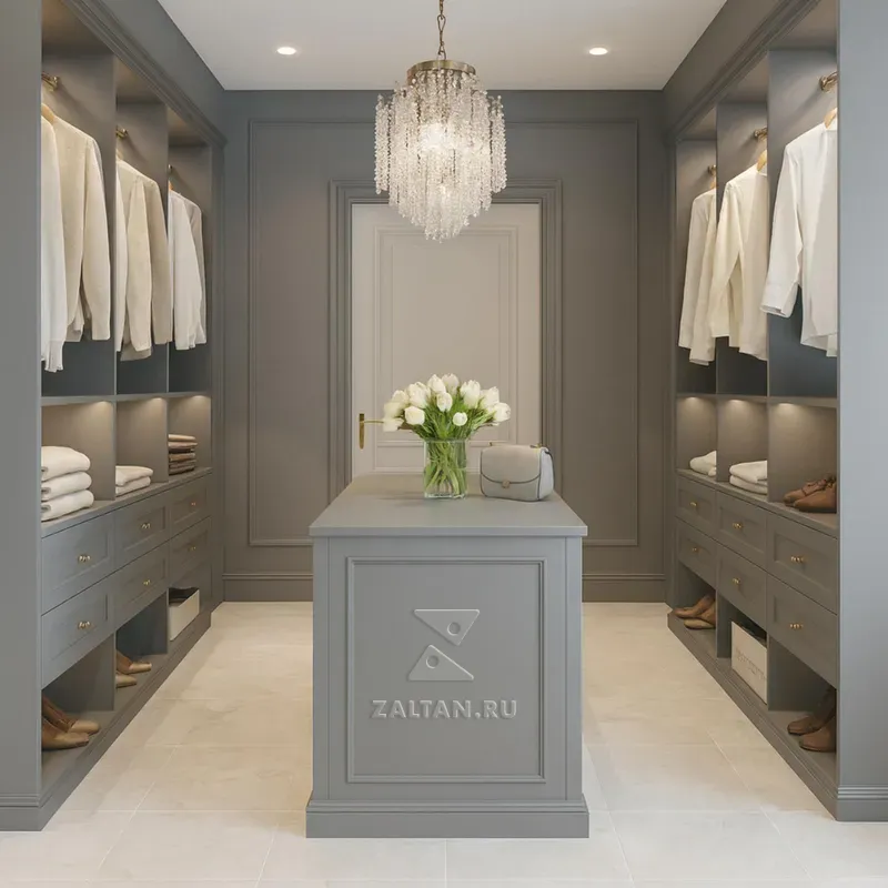 Гардеробная с островом серый