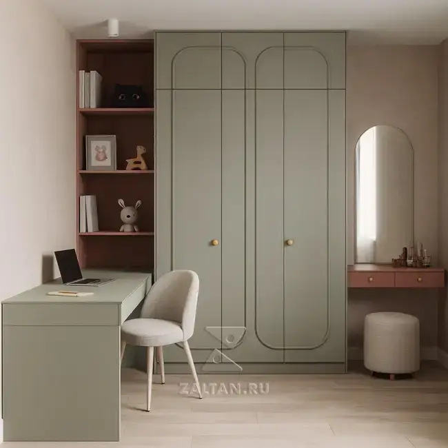 Зелёный шкаф с полками и столом