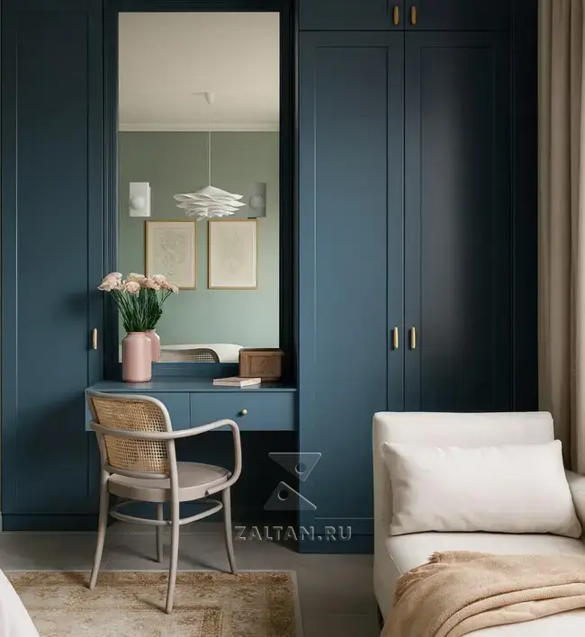 Встроенный шкаф с туалетным столиком синий