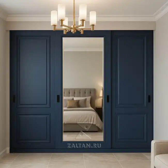 Синий встроенный шкаф с зеркалом