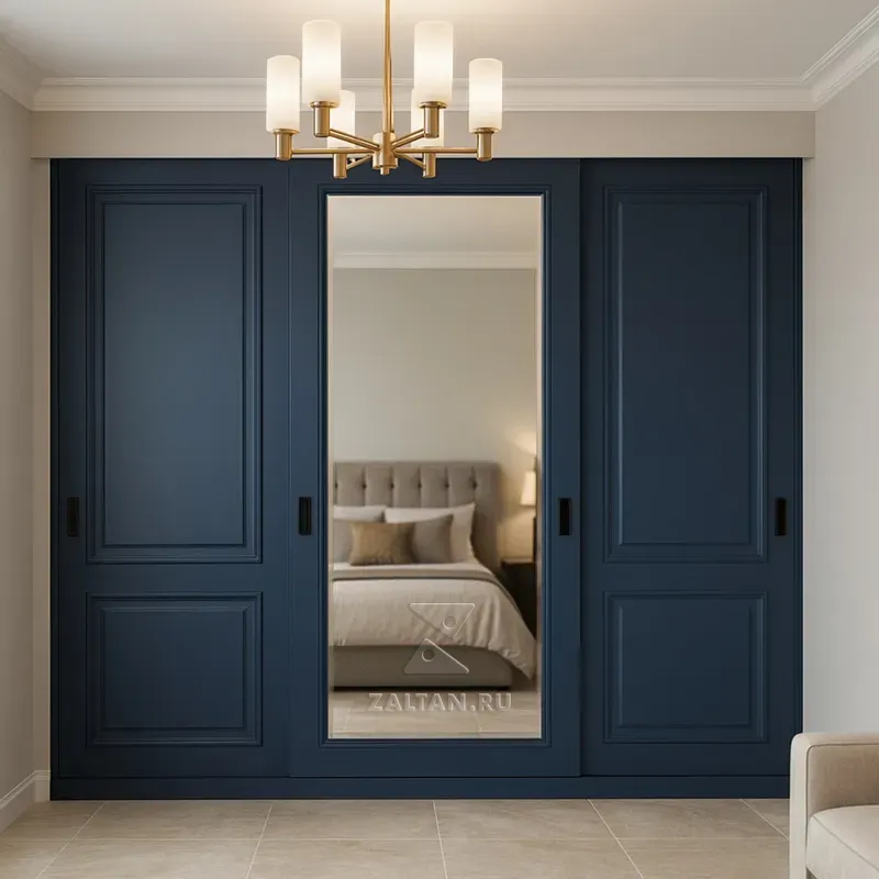 Синий встроенный шкаф с зеркалом