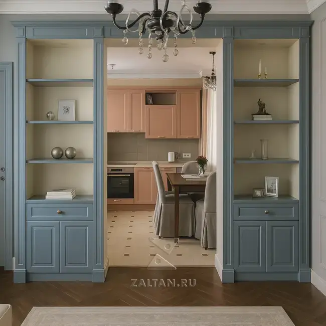 Встроенные книжные шкафы голубые
