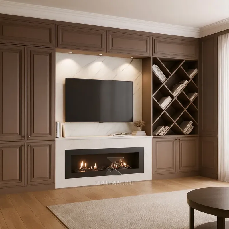 Стенная мебель с камином коричневая