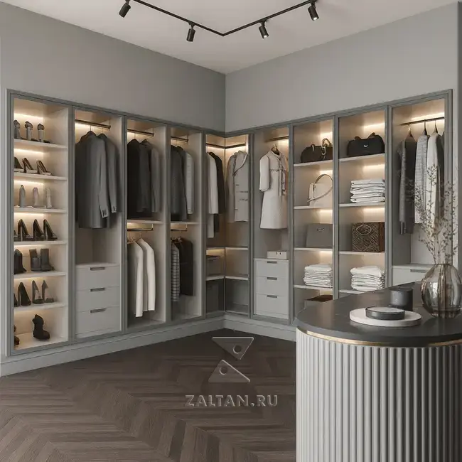 Угловая гардеробная с витринами