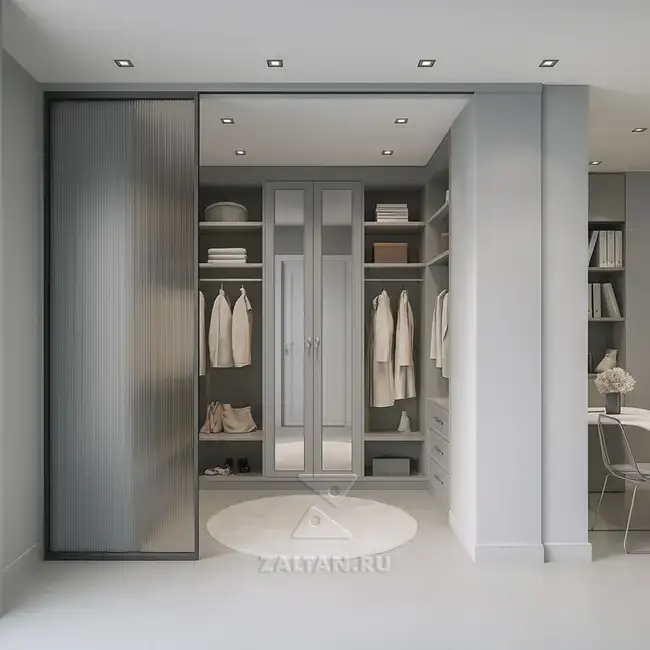 Серая гардеробная с зеркалом